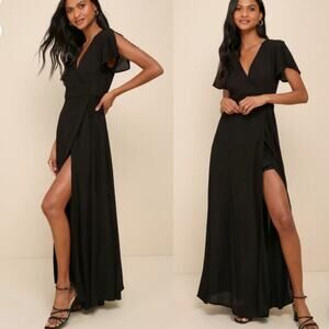 NEW Lulus Heart of Marigold Wrap Maxi Dress XL Black Crinkle Short Sleeve NWT